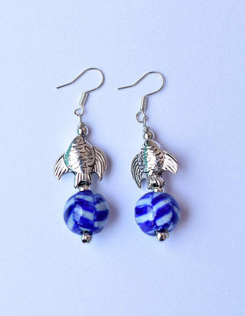 Blue Pottery One Bead Earring With Metal Fish In Blue Geometric Design